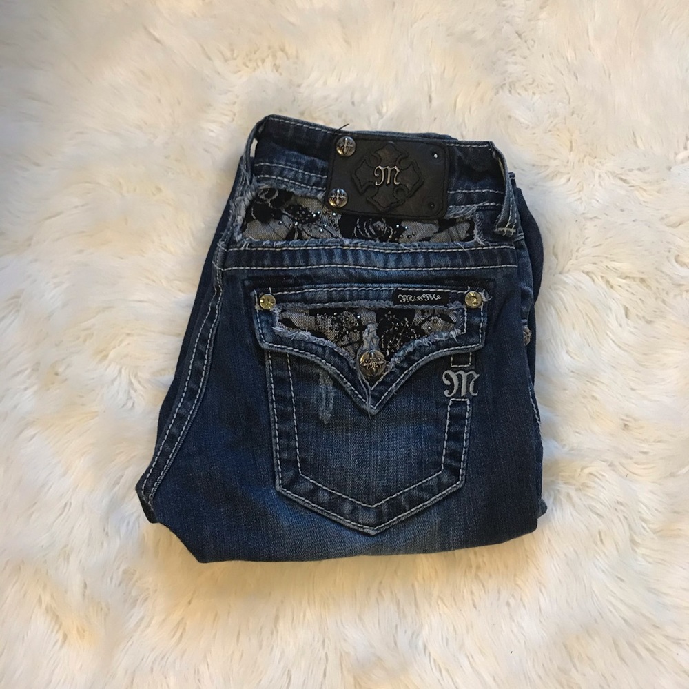 Size 28 Miss Me Jeans Boot Cut Dark Wash Lace - Picture 4 of 4
